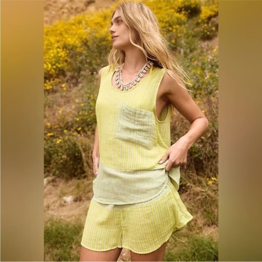 Free People Annabelle Set 100% Cotton Size Medium Yellow Stripes NWOT